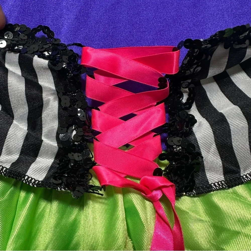 Whimsical Ruffled‎ Dance Costume: Purple, Lime Green - Fits Child L/XL (Adult M)